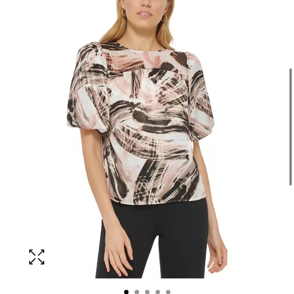 DKNY Pink, Black & White Abstract Print Puff Sleeve Blouse